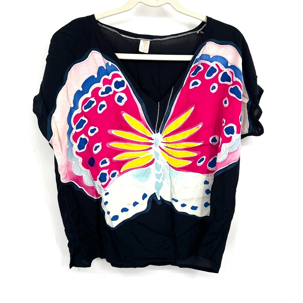 Vintage butterfly batik top Psychedelic Groovy 70s retro boho whimsical fairy L